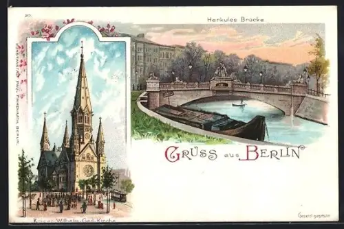 Lithographie Berlin-Tiergarten, Kaiser Wilhelm Ged. Kirche, an der Herkules Brücke