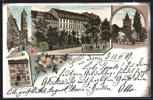 Lithographie Jena, Affenthurm, Universität, Burgkeller, Zur Rose