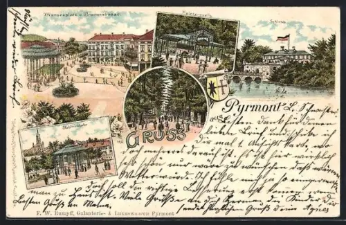 Lithographie Pyrmont, Schloss, Brunnenplatz und Brunnenstrasse, Helenenquelle