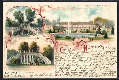 Lithographie Hannover, Schloss in Herrenhausen, Grotte, Springbrunnen