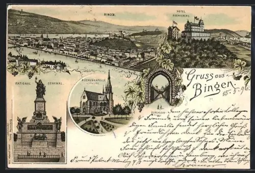 Lithographie Bingen / Rhein, Hotel Rochusberg, Nationaldenkmal, Rochuskapelle, Burg Klopp