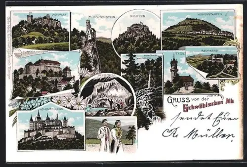 Lithographie Hechingen, Lichtenstein, Neuffen, Nebelhöhle, Hohenzollern, Tübinger Schloss, Uracher Wasserfall