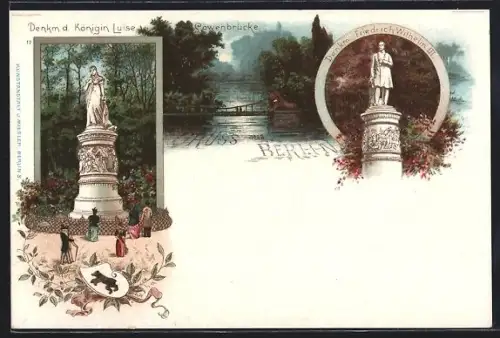 Lithographie Berlin-Tiergarten, Denkmal Königin Luise & Friedrich Wihelm III, Löwenbrücke, Wappen