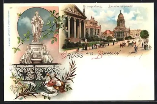 Lithographie Berlin, Gendarmenmarkt mit Schauspielhaus, Schiller-Denkmal