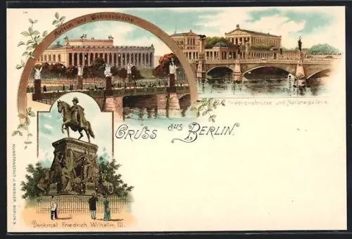 Lithographie Berlin, Museum und Schlossbrücke, Friedrichbrücke und Nationalgalerie, Denkmal Friedrich III.
