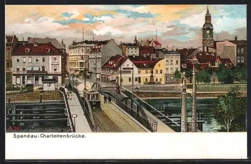 Lithographie Berlin-Spandau, Charlottenbrücke mit Strassenbahn