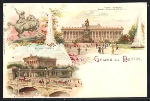 Lithographie Berlin, National-Galerie, Königl. Museum, Denkmal Friedrich Wilhelm III., Friedrichsbrücke, Strassenbahn