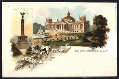 Lithographie Berlin-Tiergarten, Siegessäule, Springbrunnen