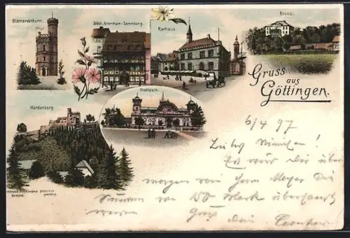 Lithographie Göttingen, Rathaus, Stadtpark, Bismarckturm, Pferdekutsche