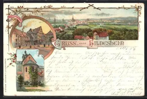 Lithographie Hildesheim, Andreasplatz, 1000 jähr. Rosenstock