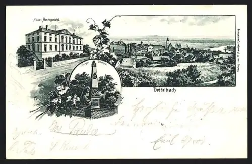 Lithographie Dettelbach, Neues Amtsgericht, Krieger-Denkmal und Gesamtansicht