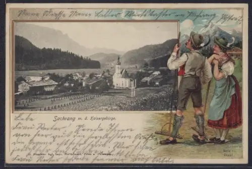 Passepartout-Lithographie Sachrang, Kirche mit dem Kaisergebirge, Bauernpaar in Tracht