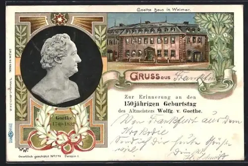 AK Weimar, Goethe Haus, Büste v. Goethe, 150 jähriger Geburtstag von Goethe
