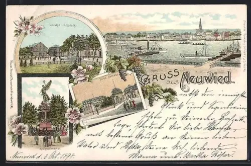 Lithographie Neuwied, Fürstliches Schloss, Landgerichtsplatz, Kriegerdenkmal