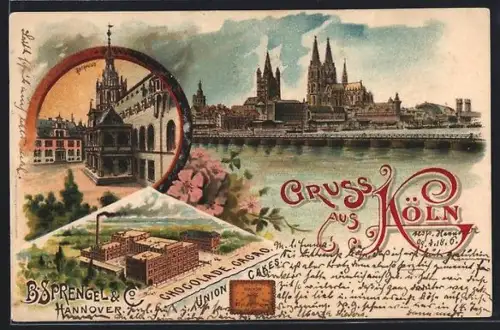 Lithographie Köln, Rathaus-Partie, Schokoladenwerk Sprengel, Stadtpanorama