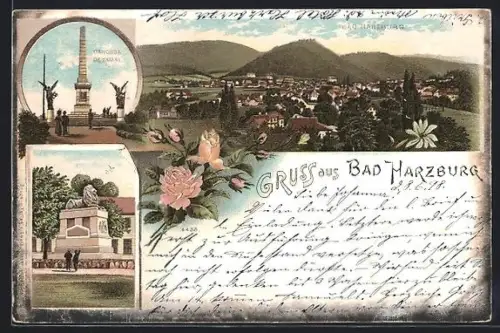 Lithographie Bad Harzburg, Bismarckstein, Kriegerdenkmal, Gesamtansicht aus der Vogelschau