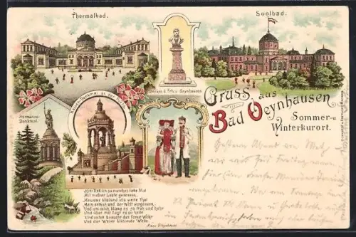 Lithographie Bad Oeynhausen, Thermalbad, Soolbad, Hermanns-Denkmal, Kaiserdenkmal, Leute in Tracht