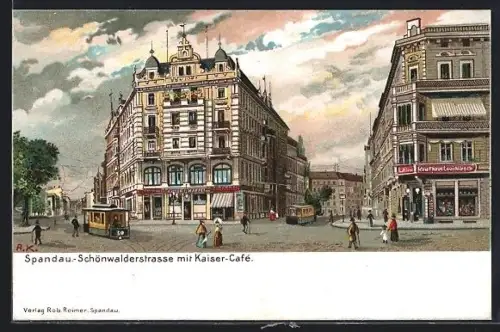 AK Berlin-Spandau, Schönwalderstrasse mit Kaiser-Cafe und Strassenbahnen