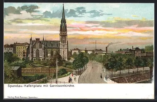 Lithographie Berlin-Spandau, Hafenplatz mit Garnisonkirche
