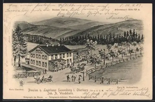 Künstler-AK St. Andreasberg, Hotel Sonnenberg, Blick auf Brocken und Achtermann`s Höhe