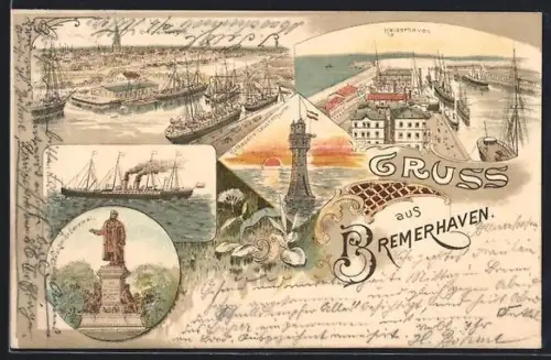 Lithographie Bremerhaven, Ortspartie, Kaiserhafen, Bürgermeister-Smidt-Denkmal und Leuchtturm Roter Sand