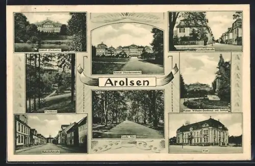 AK Arolsen, Parkseite v. Schloss, Kaulbachstrasse, Fisschhaus, Grosse Allee, Bahnhofstrasse, Post, Kaiser Wilhelm-Denkmal