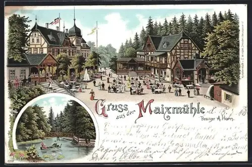 Lithographie Maixmühle, Restaurant von A. Horn, Ruderboot zu Wasser