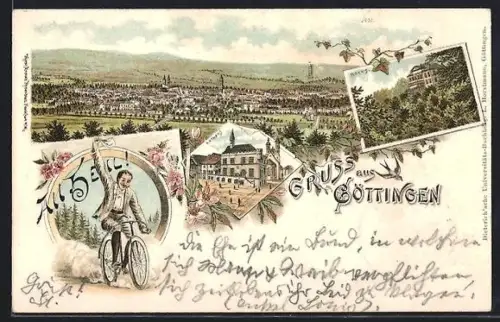 Lithographie Göttingen, Teilansicht, Rathaus, Rohns