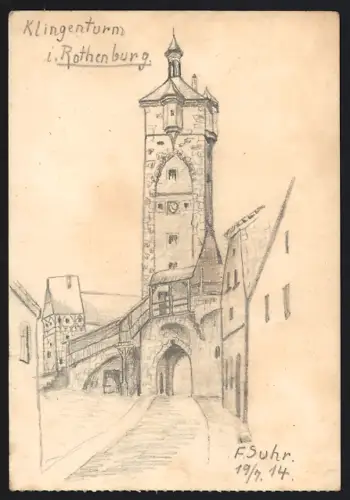 Handzeichnung F. Suhr, Rothenburg / Tauber, Partie am Klingenturm, 1914