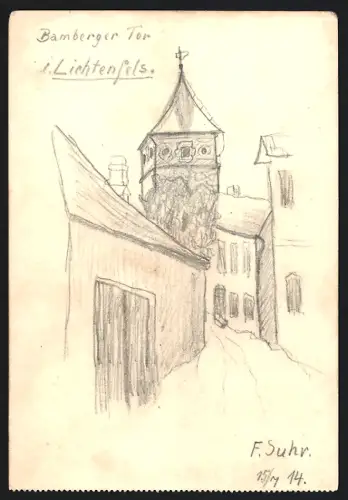 Handzeichnung F. Suhr, Lichtenfels / Main, Partie am Bamberger Tor, 1914