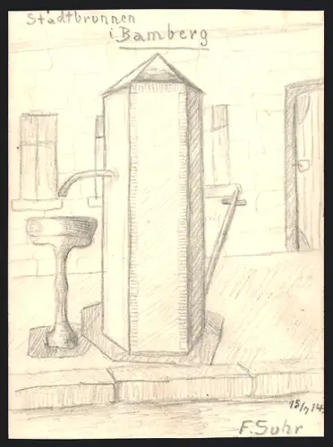 Handzeichnung F. Suhr, Bamberg, der Stadtbrunnen, 1914