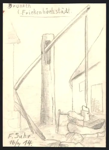 Handzeichnung F. Suhr, Frickenhöchstädt, der Brunnen im Ort, 1914