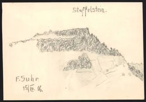 Handzeichnung F. Suhr, Staffelstein, Blick auf den Berg, 1916