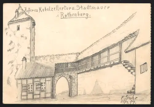 Handzeichnung F. Suhr, Rothenburg / Tauber, äusseres Kobolzellertor und Stadtmauer, 1914