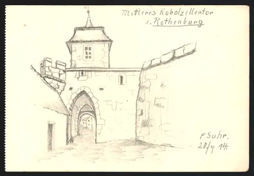 Handzeichnung F. Suhr, Rothenburg / Tauber, mittleres Kobolzellertor, 1914