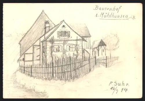 Handzeichnung F. Suhr, Mühlhausen i. B., Blick auf den Bauernhof