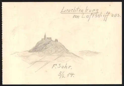 Handzeichnung F. Suhr, Kahla, Leuchtenburg i. Thüringen, Blick nach der Burg vom Luftschiff, 1914