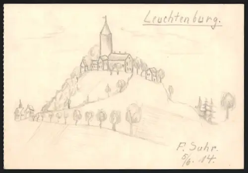 Handzeichnung F. Suhr, Kahla, Blick nach der Leuchtenburg, 1914