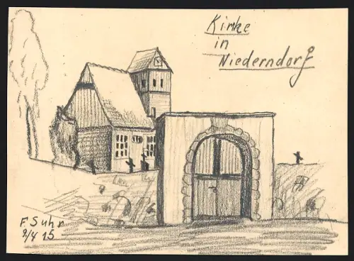 Handzeichnung F. Suhr, Kraftsdorf-Niederndorf, Blick zu der Dorfkirche