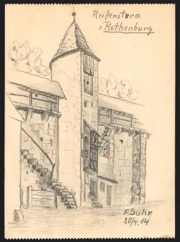 Handzeichnung F. Suhr, Rothenburg / Tauber, Turm an der alten Stadtmauer, 1914