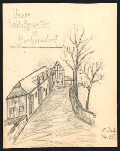 Handzeichnung F. Suhr, Burkersdorf, Strassenpartie mit Wohnhäusern, 1915