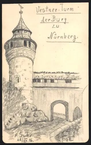 Handzeichnung F. Suhr, Nürnberg, der Vestaer Turm, 1916