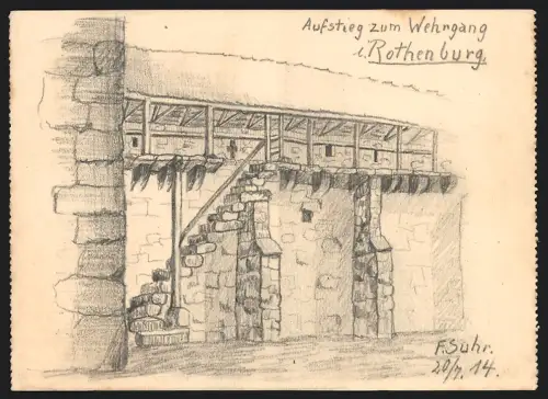 Handzeichnung F. Suhr, Rothenburg / Tauber, Aufstieg zum Wehrgang, 1914