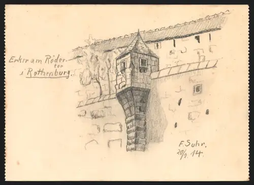 Handzeichnung F. Suhr, Rothenburg / Tauber, Erker am Röder, 1914