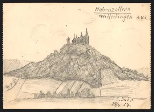 Handzeichnung F. Suhr, Hechingen, Blick zur Burg Hohenzollern, 1914