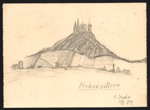 Handzeichnung F. Suhr, Hechingen, Blick nach der Burg Hohenzollern, 1914