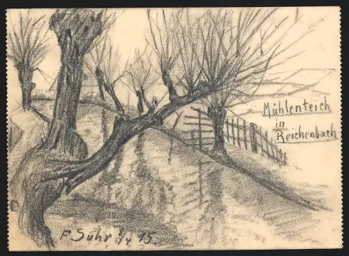 Handzeichnung F. Suhr, Reichenbach i. V., am Mühlenteich, 1915