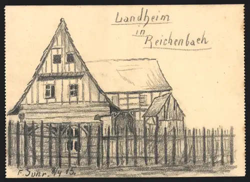 Handzeichnung F. Suhr, Reichenbach i. V., das Landheim von vorne