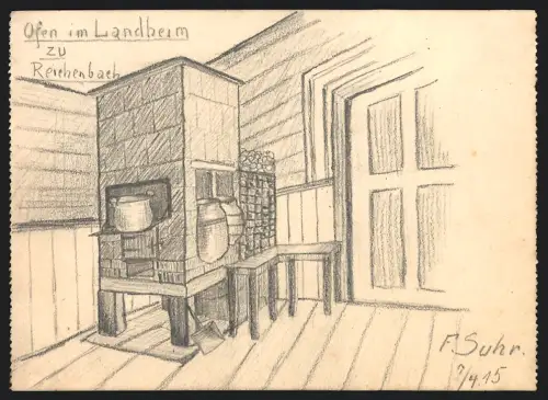 Handzeichnung F. Suhr, Reichenbach i. V., der Ofen / Kachelofen im Landheim, 1915