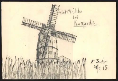 Handzeichnung F. Suhr, Cospeda, die Windmühle